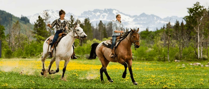 Confident plus-size woman riding Chorley a horse through a field with a smile on her face.